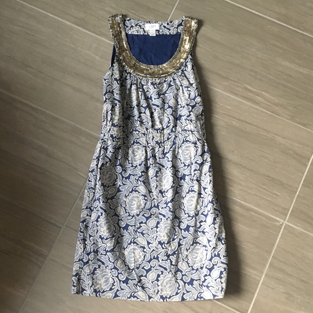 LOFT Detailed Gold/Navy Beaded Paisley Dress